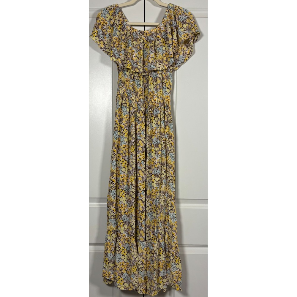 Margaux Riviera Womens Maxi Dress Yellow Floral Ruffle Off-The-Shoulder Boho L